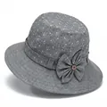 Chapeau de soleil pour femme en lin gris avec motif floral et décoration de nœud - M (56-58cm) / Gris