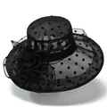 Women's black polka dot organza sun hat with large floral decoration for summer - M / Black