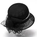 Elegant black organza sun hat for women featuring mesh bow and silver band accents - M / Black