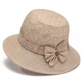 Vue détaillée d'un chapeau de soleil beige avec pois étoilés et élégant nœud à boucle rétro - M (56-58cm) / Kaki