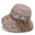 Women's sun hat in beige ice silk with mesh lace floral embroidery and side flower detail - M (56-58cm) / Khaki (Floral Mesh)
