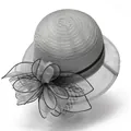 Detailed view of grey organza sun hat with oversized decorative floral mesh and ribbon - M / Gray