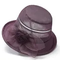 Eleganter lila Organza Sonnenhut für Damen mit großer Stoffblume und atmungsaktivem Netz - M (56-58cm) / Lila