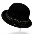 Classic black straw sun hat for elderly women with decorative ribbon bow detail - M / Black