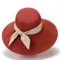 Women's wide brim sun hat in red with a cream ribbon bow for outdoor UV protection - M / Orange Red