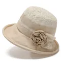 Beige sun hat for elderly women with elegant lace stitching and a fabric flower detail - M (56-58cm) / Beige