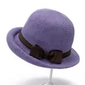 Elegant purple knitted sun hat for elderly women with brown ribbon and bow accent - M / Purple