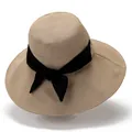 Detailed close-up of a wide brim sun hat with elegant black ribbon bow decoration - M / Khaki