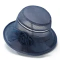 Dunkelblauer Sonnenhut aus Organza mit breiter Krempe und eleganter Textilblüte - M (56-58cm) / Marineblau