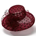 Elegant burgundy organza sun hat for women with black polka dots and mesh flower detail - M / Burgundy