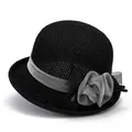 Eleganter schwarzer gewebter Sonnenhut für ältere Damen mit grauer Netzblumen-Verzierung - M (56-58cm) / Schwarz