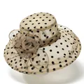 Elegant organza sun hat with black polka dots and oversized decorative mesh flower - M (56-58cm) / Beige