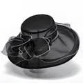 Elegant black organza sun hat with wide brim and large floral bow for women - M (56-58cm) / Black