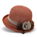 Eleganter Sonnenhut aus Stroh für Damen in Terrakotta mit Samtband und Netzblumen-Dekor - M (56-58cm) / Orange