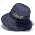 Navy blue ice silk sun hat for women featuring elegant floral embroidery and a large side flower - M (56-58cm) / Navy (Floral Mesh)