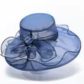Navy blue organza sun hat for women with wide brim and decorative floral accents - M (56-58cm) / Navy Blue