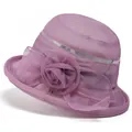 Faltbarer lila Netz-Sonnenhut für Damen mit eleganter Blume und rollbarer Krempe - M (56-58cm) / Malve