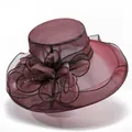 Elegant burgundy organza sun hat with large brim and floral detail for women - M (56-58cm) / Burgundy