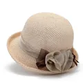 Chapeau de soleil élégant en paille beige pour femme avec fleur en tulle et ruban - M (56-58cm) / Poche zippée