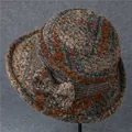 Cappello a secchiello vintage in lana a quadri per donna con fiocco e fodera calda - M (56-58cm) / Kaki