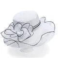 Detail of white organza sun hat featuring large mesh flower with pearl and black outlines - M (56-58cm) / White