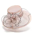 Detailed view of apricot organza sun hat with oversized floral petal and black edge trim - M (56-58cm) / Pink