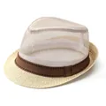 Men's breathable mesh fedora summer hat with straw brim and brown decorative band - M / Beige