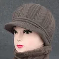 Women's knitted rabbit fur hat and scarf set in taupe with cable knit pattern and warm lining - One Size (Stretchy) / Khaki (Hat Only)