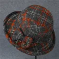Elegante cappello a secchiello in lana a quadri grigio e arancio per donne mature, stile caldo - M (56-58cm) / Arancione