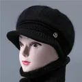 Women's black warm knit hat with plush fur lining and rhinestone D-shaped metal buckle - Single Hat / Black