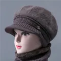 Deep purple winter knit beanie with warm fleece lining and matching neck warmer set - Single Hat / Khaki