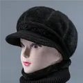 Women's warm black winter hat and neck warmer set made of thick faux rabbit fur - One Size Stretchy / Hat / Black