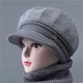 Gray elderly women's knitted visor hat and scarf set with fleece lining and metal D-detail - Single Hat / Gray