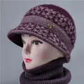 Purple rabbit fur blend knit hat and neck warmer set with golden bee detail for women - One Size (Stretchy) / Hat / Purple