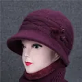 Winter dark purple knit rabbit fur hat with pearls and neck warmer for elderly women - Single Hat / Mauve
