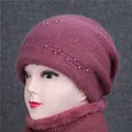 Set cappello e sciarpa in maglia viola per donne anziane con fodera calda e perle - Cappello singolo / Rosa Antico (Solo Cappello)