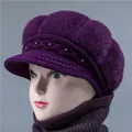 Winter dark purple knit newsboy hat for elderly women with faux fur top and pearls - One Size Stretchy / Hat / Purple