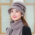 Women's winter warm knit beanie and scarf set in mauve with elegant floral detail - Khaki