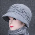 Winter knitted rabbit fur hat for elderly women in dark grey with pearls and pom-pom - Single Hat / Gray