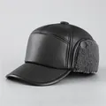 Winter-Leder-Baseballkappe für Senioren mit warmen Ohrenklappen und weichem Fleecefutter - Verstellbar / Grau
