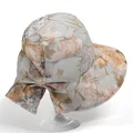 Women's floral sun hat with large brim, gold embroidery, and rear bow detail - Blue