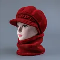 Winter knit hat and scarf set for elderly women in vibrant red with plush lining - One Size Stretchy / Hat And Neck Warmer / Bright Red