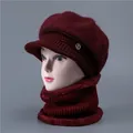 Winter wine red knit hat and scarf set for elderly women with plush fur and D-badge - Hat + Neck Warmer / Burgundy