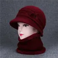 Winter rabbit fur knit hat and neck warmer set in dark burgundy for middle-aged women - Hat And Scarf / Burgundy