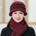 Wine red winter knit hat and scarf set for elderly women featuring warm fleece lining - Burgundy