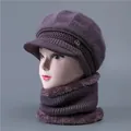 Winter knit cap and neck warmer set in purple with plush lining for elderly women - Hat + Neck Warmer / Taro