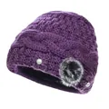 Gorro de punto morado oscuro para mujer mayor con flores de perlas y pompón de pelo - Talla Única (Circunferencia 56-60) / Estilo B Púrpura Perla Decoración Forro Felpa
