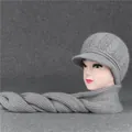 Detail of grey knitted hat and scarf set with cable knit pattern for older women - One Size (Stretchy) / Gray (Hat And Scarf)