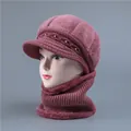 Elderly women's warm winter knit hat and scarf set in elegant purple with faux fur - One Size Stretchy / Hat And Neck Warmer / Dusty Pink