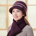 Elderly women's winter knit beanie hat and scarf set in burgundy with floral detail - Purple
